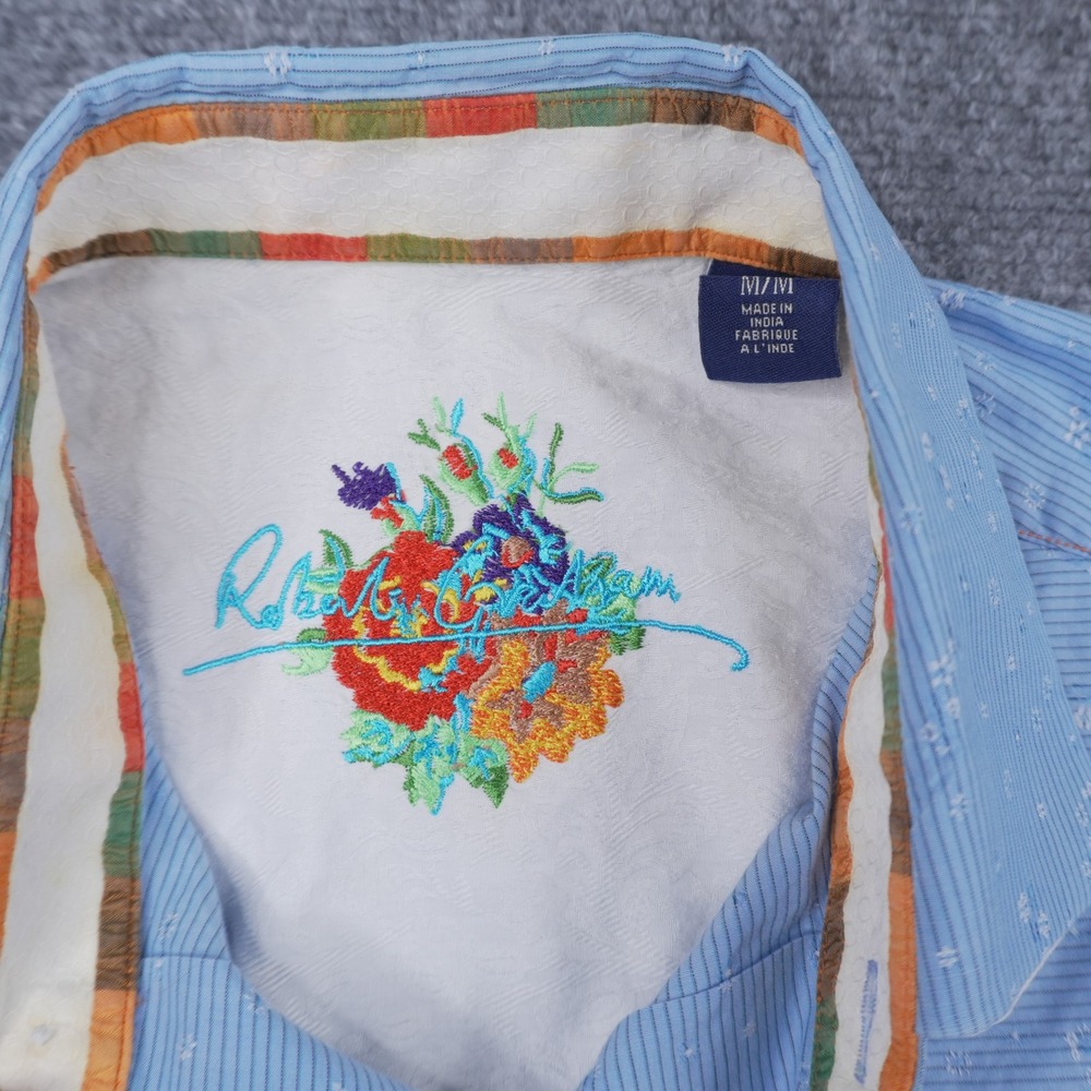 Robert Graham Button Down Shirt Mens M Blue Striped Floral Micro Print Contrast